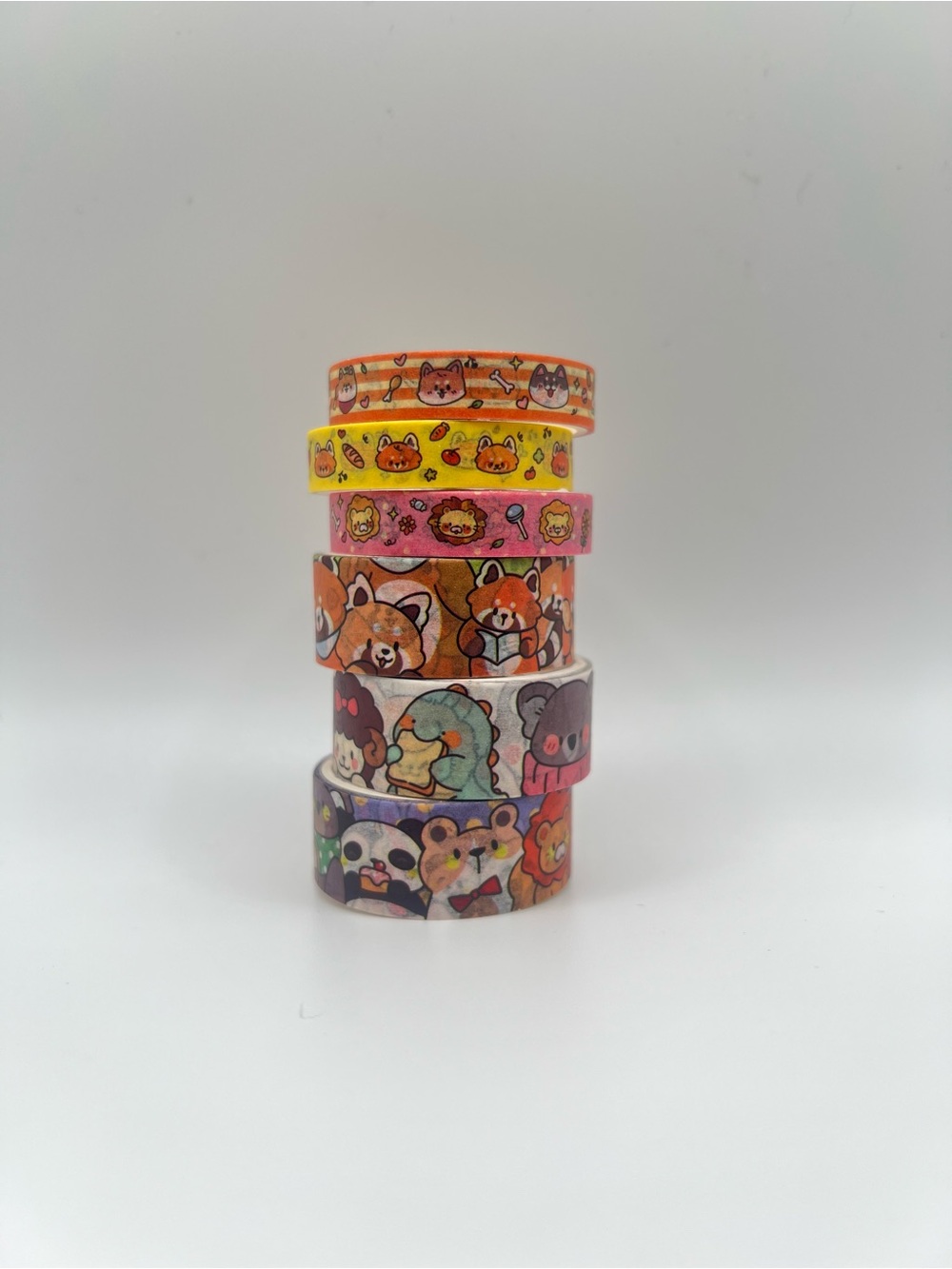 Six Cute Animal Pattern Washi Tape Stack Set 4- Orange, Yellow, Pink, Multicolor